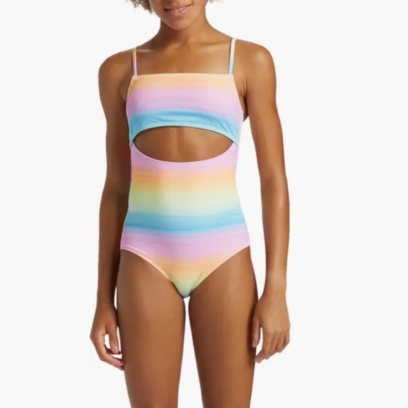 NWT Billabong youth girls one piece orange stripes swimsuit bathing suit Size 10